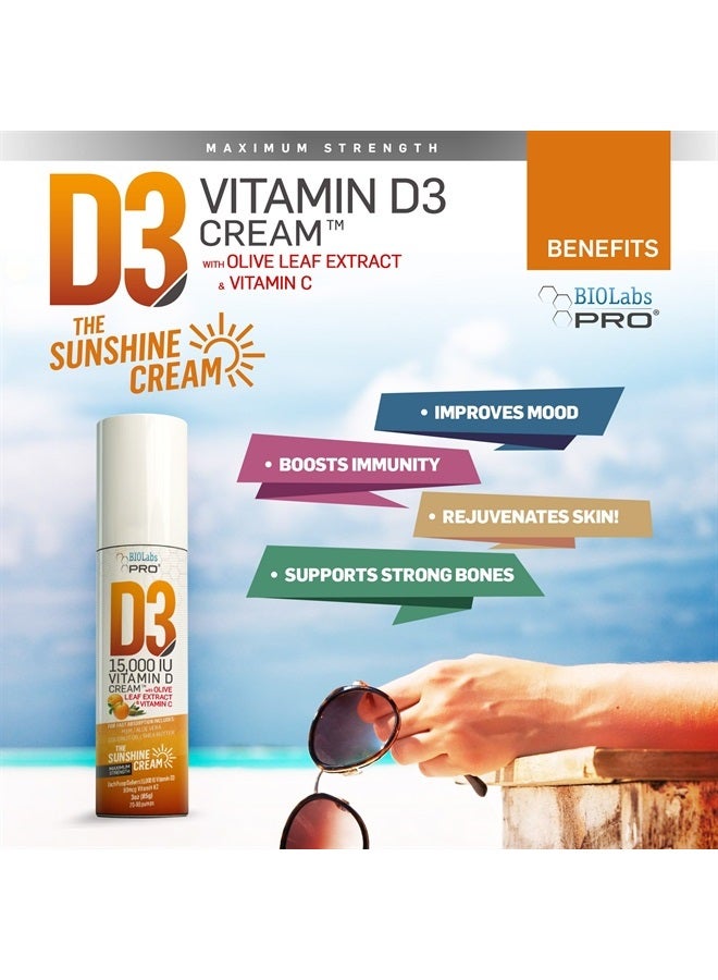 BIOLABS PRO All Natural Vitamin D3 15000IU Vitamin D Cream - Maximum Strength - Fight Vitamin D Deficiency Naturally - with Vitamin K2 & Olive Leaf Extract - Safe & Effective (15,000IU - 3.0oz) - Image 2