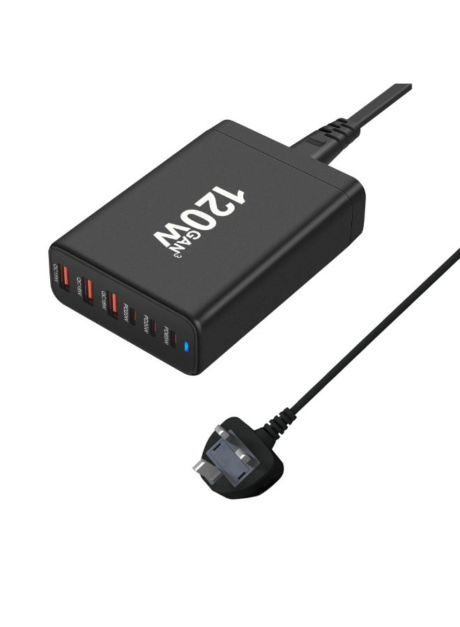 GaN 120W Travel Charger Plug3 USB-C and 3 USB-A ports Fast Wall Charger Head  UK Plug Laptop Charger For Computer and Phones - Image 3
