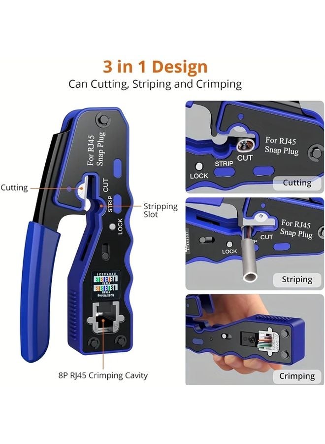 Blue 3 In 1 RJ45 Crimp Tool Set With Pass Through Connector Crimper For Cat5e Cat6 Cat7 Ethernet Cables - Image 5