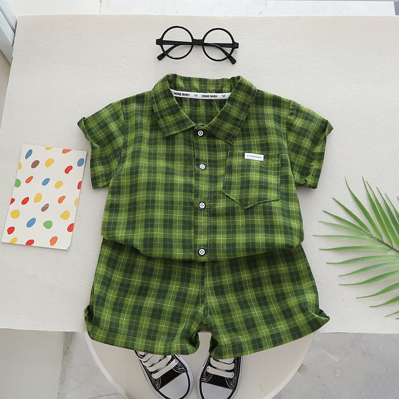 Free Shipping Yikids Boys Summer Clothes Korean Floral Shirt Short Sleeve suit Baby Childrens Clothing Summer Shirt Two-piece Set Green-Labeling Check - Image 1