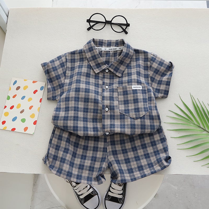 Free Shipping Yikids Boys Summer Clothes Korean Floral Shirt Short Sleeve suit Baby Childrens Clothing Summer Shirt Two-piece Set Green-Labeling Check - Image 2
