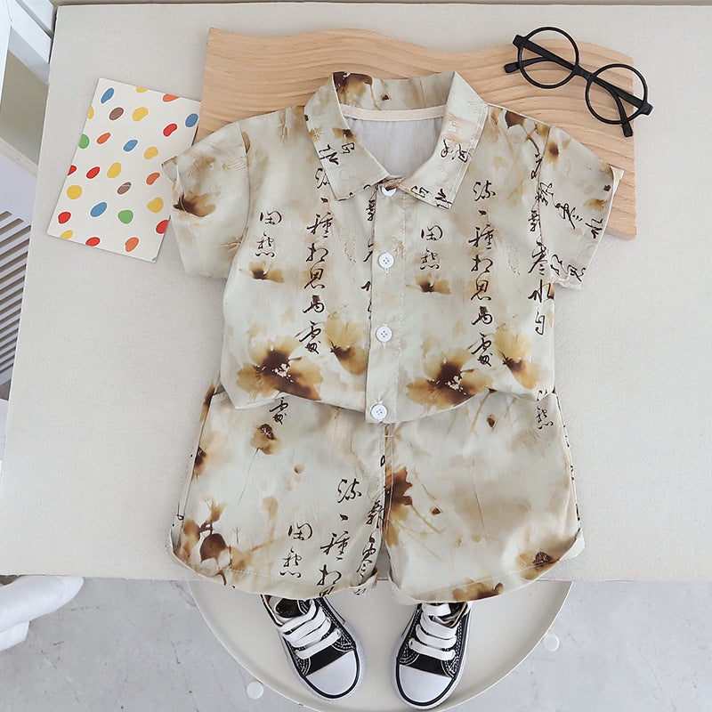 Free Shipping Yikids Boys Summer Clothes Korean Floral Shirt Short Sleeve suit Baby Childrens Clothing Summer Shirt Two-piece Set Green-Labeling Check - Image 3