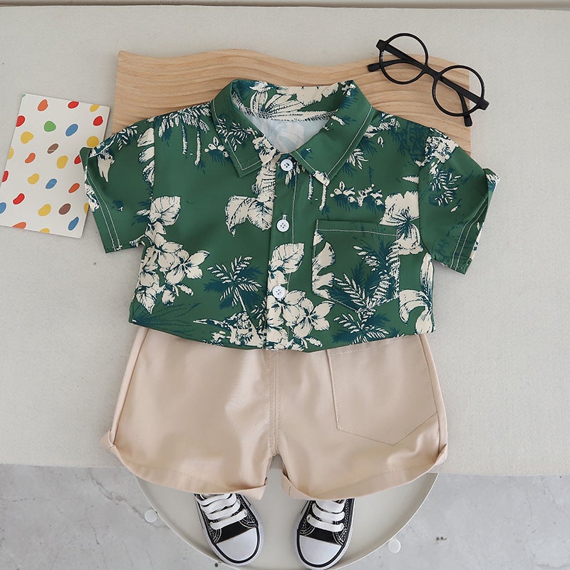 Free Shipping Yikids Boys Summer Clothes Korean Floral Shirt Short Sleeve suit Baby Childrens Clothing Summer Shirt Two-piece Set Green-Labeling Check - Image 4