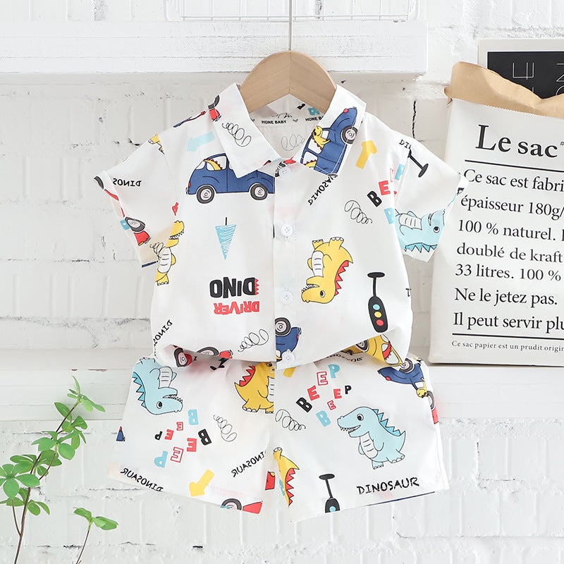 Free Shipping Yikids Boys Summer Clothes Korean Floral Shirt Short Sleeve suit Baby Childrens Clothing Summer Shirt Two-piece Set Green-Labeling Check - Image 5
