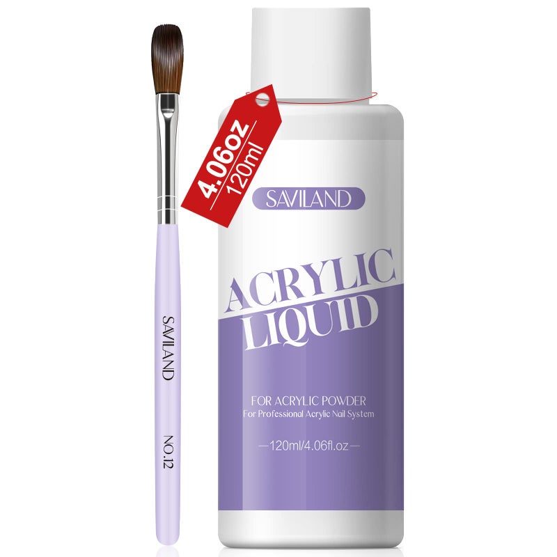 SAVILAND Monomer Acrylic Nail Liquid: 4 oz Acrylic Liquid Monomer with #12 Acrylic Nail Brush for Acrylic Powder Application, Non-Yellowing Acrylic Nail Monomer Liquid for DIY Home & Nail Salon Use - Image 1