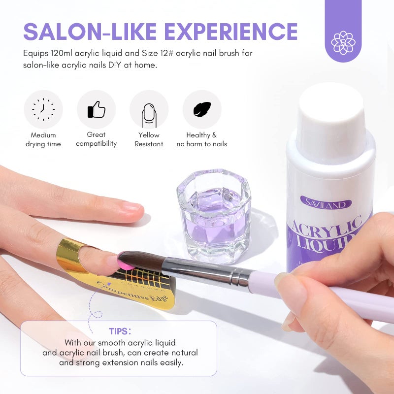 SAVILAND Monomer Acrylic Nail Liquid: 4 oz Acrylic Liquid Monomer with #12 Acrylic Nail Brush for Acrylic Powder Application, Non-Yellowing Acrylic Nail Monomer Liquid for DIY Home & Nail Salon Use - Image 2