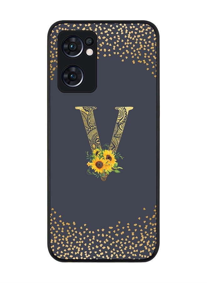 Stylizedd Rugged Black edge case for Oppo Find X5 Lite, Slim fit Cover - Custom Monogram Initial Letter Floral Pattern Alphabet - V (Grey ) - Image 1