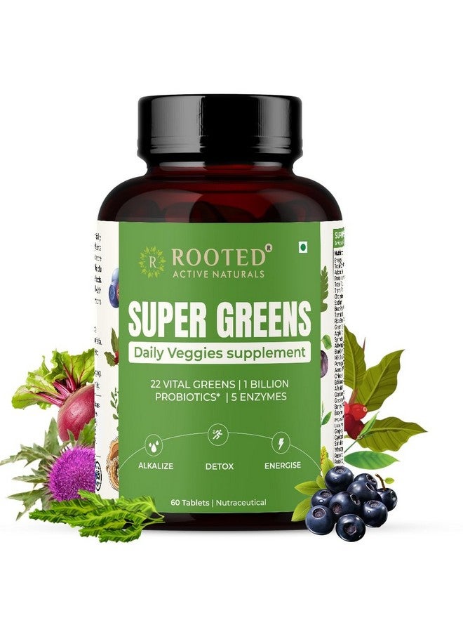 Rooted Active's Super Green Tablets for Men & Women | Comprehensive Daily Supplement with 22+ Vital Greens, 1 Billion Probiotics | 5 Enzymes | Supports Gut Health, Energy, Immunity (60 Tablets) - Image 1