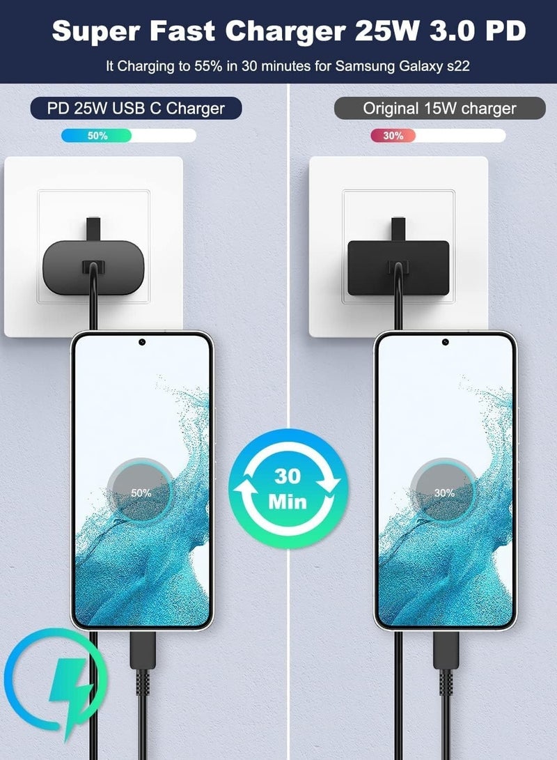 شاحن سريع لسامسونج جالكسي رأس شاحن مع كابل شحن 25 واط  , اس 23 الترا اس 23 بلس اس 23 واس 23 واس 22 الترا واس 22 واس 21 الترا واس 21 واس 21 وايه 54 وايه 53 وايه 52 وايه 32-25 واط مع كابل نوع سي - Image 2