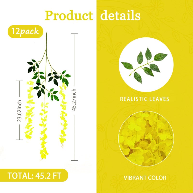 Luerbi Yellow Artificial Wisteria Flower Vines  3.77 Feet Yellow Wisteria Hanging Flowers Garland  12 Pack Fake Yellow Wisteria  Hanging Vines for Photo Backdrop  Yard Flower Vines Decor  Wisteria Garland - Image 3