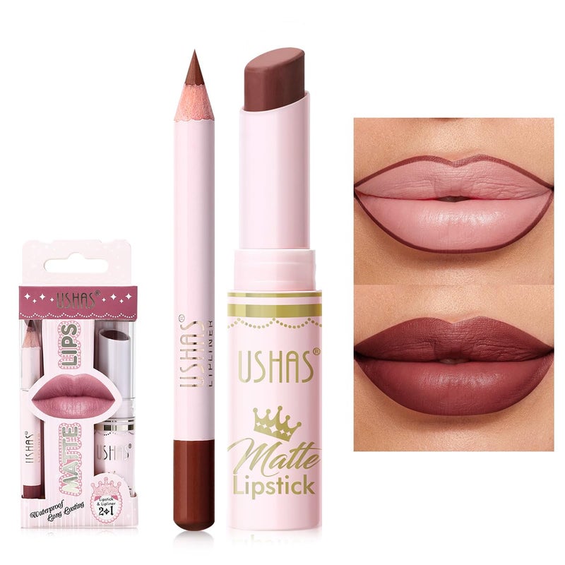 USHAS 2 in 1 Waterproof Lipstick and Lip Liner Combo Set - Long Lasting Matte Lipstick Pen with Lip Liner Set Makeup Kits (S7, Pack of 1) - Image 1