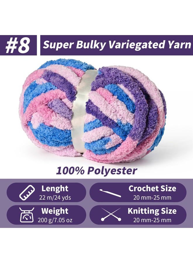 Sekafris 10 Pack Fluffy Chunky Chenille Yarn for Crocheting, Jumbo Chunky Blanket Yarn for Hand Knitting, 240yds/70.5oz Super Bulky Variegated Baby Blanket Yarn (Blue-Pink-Purple) - Image 2