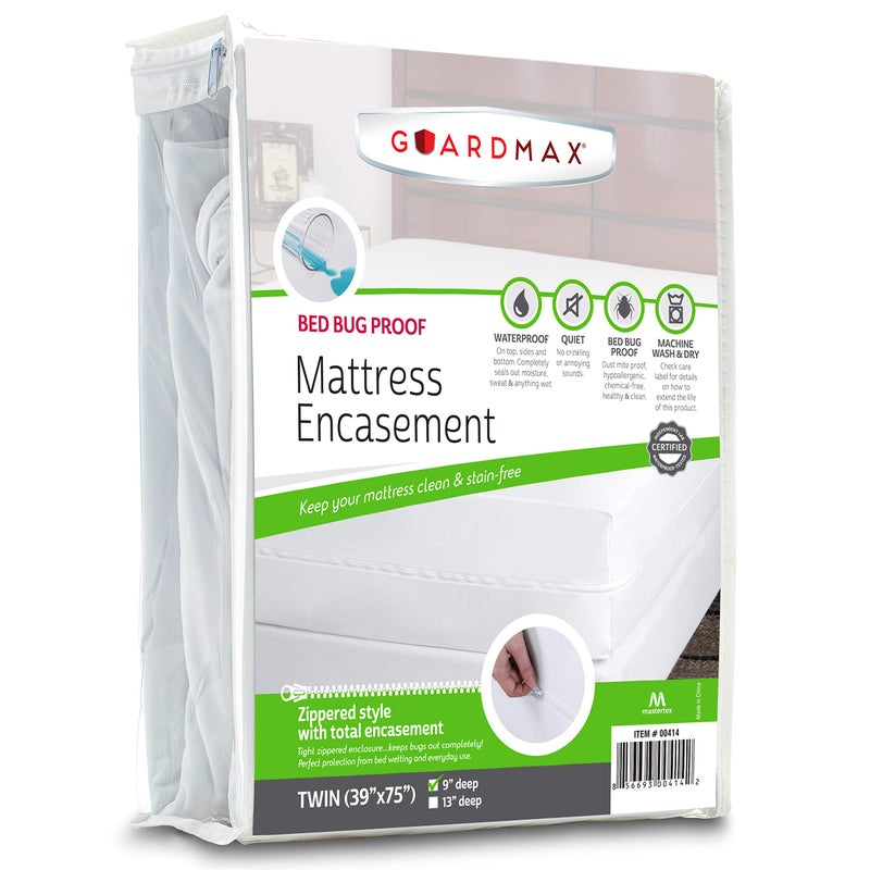 Guardmax Zippered Mattress Encasement - Twin Size - 100% Waterproof Mattress Protector - Bed Bug Mattress Cover Protects Against Bed Bugs  Dust  & Dirt - Soft and Hypoallergenic.(39 X 75 X 9)