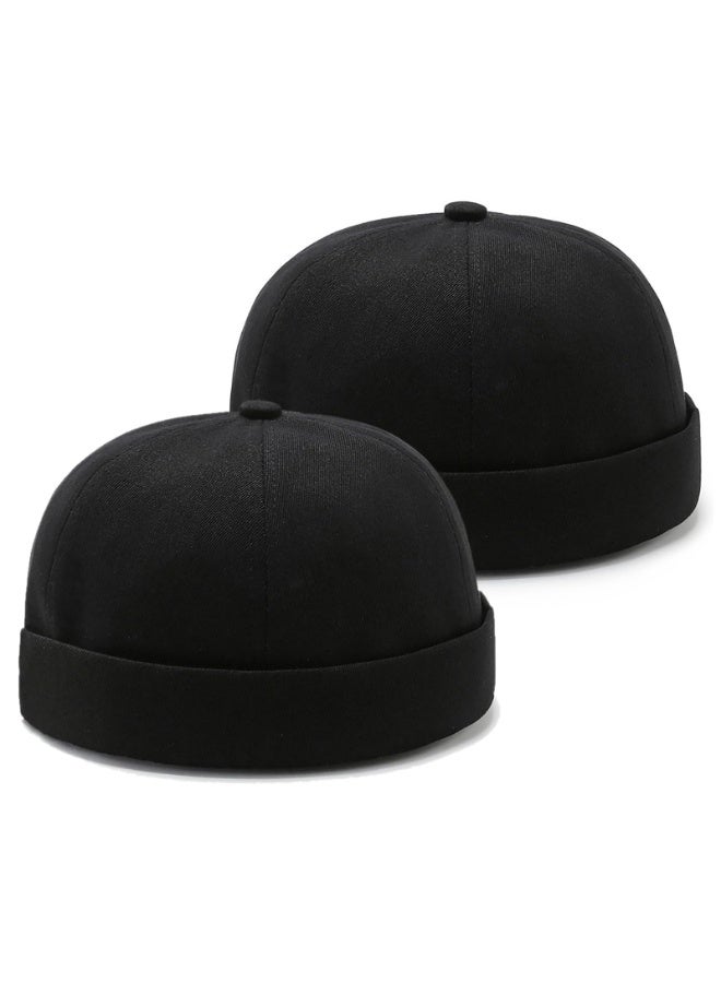 Men's Brimless Docker Cap Set, 100% Cotton Retro Worker Sailor Skull Cap with Rolled Cuff, Adjustable, Black, 2 Pack - Image 1