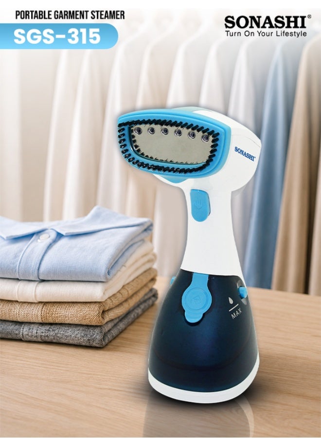 SONASHI Portable Handheld Garment Steamer|1100W| 250 ML| Upto 15g/min Continuous Powerful Steam |60 Sec Fast Heat-up| Ultra Easy Wrinkle Remover| Travel-Friendly |Removable Fabric Brush |SGS-315 Blue/White 250 ml 1100 W 250 ml 1100 W SGS-315 Blue/White - Image 1