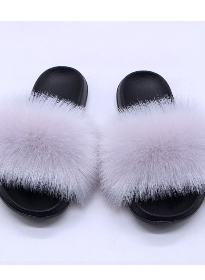Loquat Stylish Women Faux Fur Open Toe Flat Slippers Sandals Non Slip Homewear Shoes 
