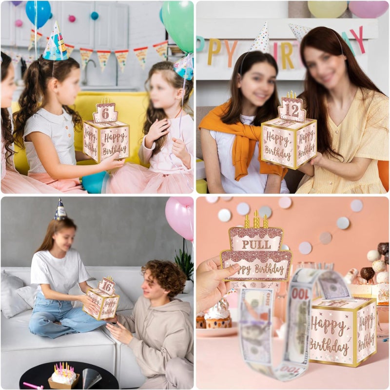 Birthday Gift Money Box: Pink Durable Corrugated Paper - Surprise Pull-Out Design Cash Gift for Birthday Loved Ones - Image 4