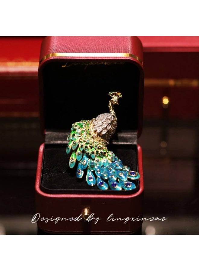 Original Design Green Peacock Brooch, Diamond-Encrusted Art Pin - Image 4