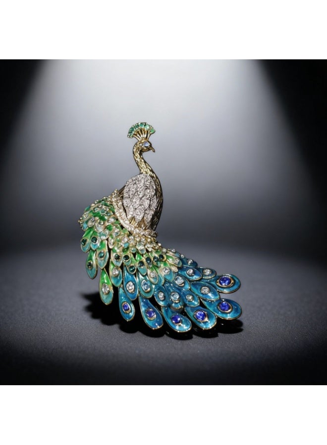 Original Design Green Peacock Brooch, Diamond-Encrusted Art Pin - Image 3