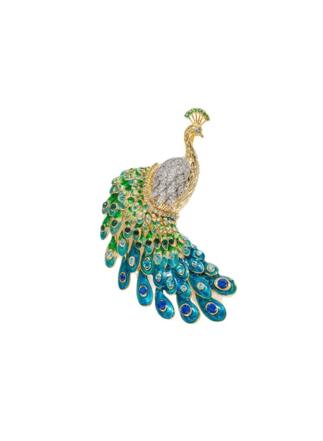 Original Design Green Peacock Brooch, Diamond-Encrusted Art Pin - Image 1