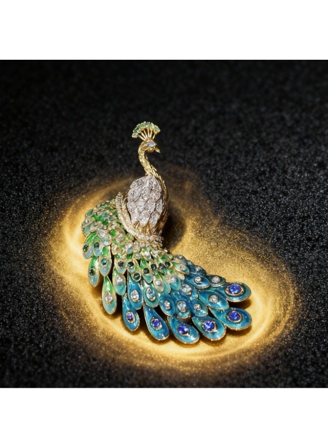 Original Design Green Peacock Brooch, Diamond-Encrusted Art Pin - Image 5