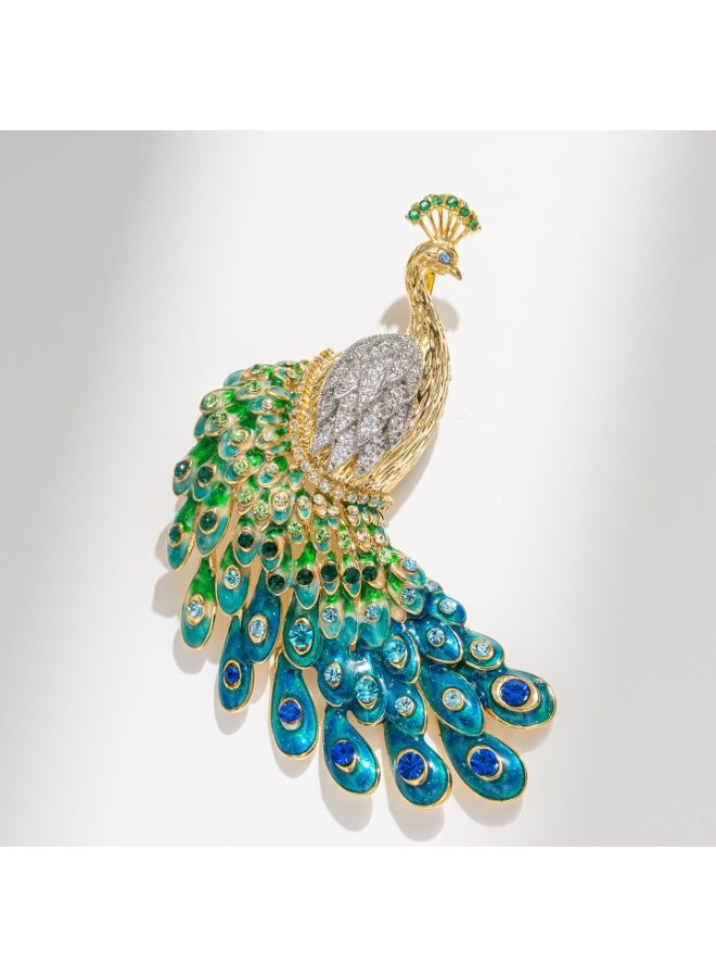 Original Design Green Peacock Brooch, Diamond-Encrusted Art Pin - Image 2