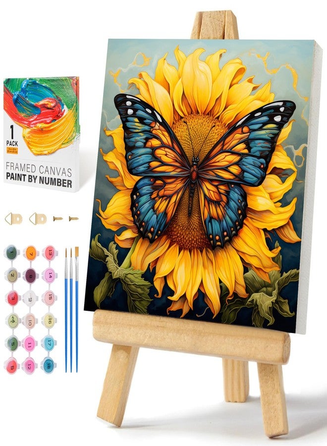 Offito Framed Paint by Numbers Kit for Adults Beginners & Kids Ages 8-12, Butterfly Sunflower Acrylic Easy Paint by Number with Frame, Paint by Number Kits on Canvas Framed (10 * 10 Inch, without Easel) - Image 1