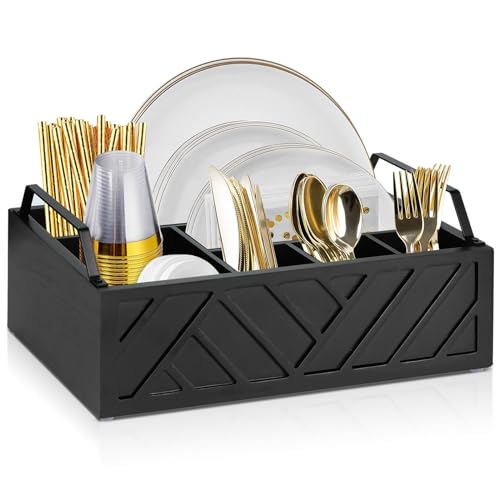 Ukonvi Paper Plate Dispenser and Holder for Kitchen Counter, Wood Rustic Silverware Utensil Caddy, Cutlery Flatware Organizer Box for Cups Spoons Forks Napkins, Kitchen Accessories (Black) - Image 1