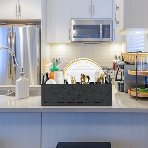 Ukonvi Paper Plate Dispenser and Holder for Kitchen Counter, Wood Rustic Silverware Utensil Caddy, Cutlery Flatware Organizer Box for Cups Spoons Forks Napkins, Kitchen Accessories (Black) - Image 4
