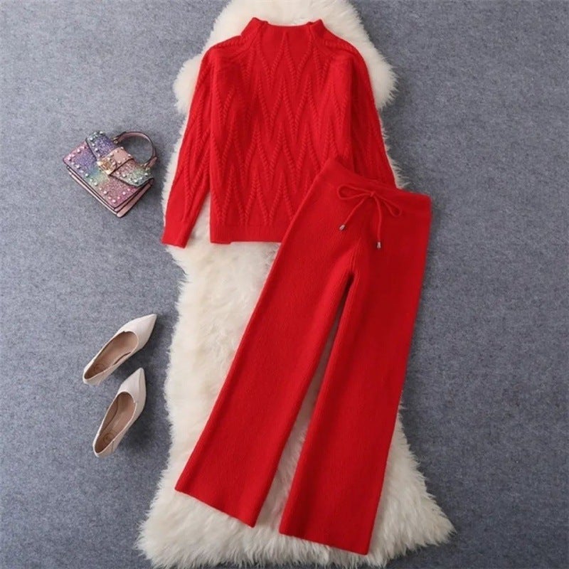Thickened Knitted Sweater High Waist Wide Leg Pants Autumn Winter Two-Piece Set Fashionable Korean Loose Womens Outfit Khaki - Image 4