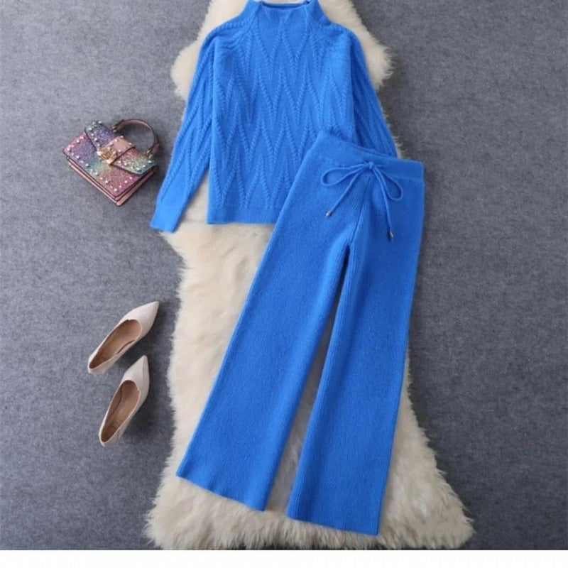 Thickened Knitted Sweater High Waist Wide Leg Pants Autumn Winter Two-Piece Set Fashionable Korean Loose Womens Outfit Khaki - Image 2