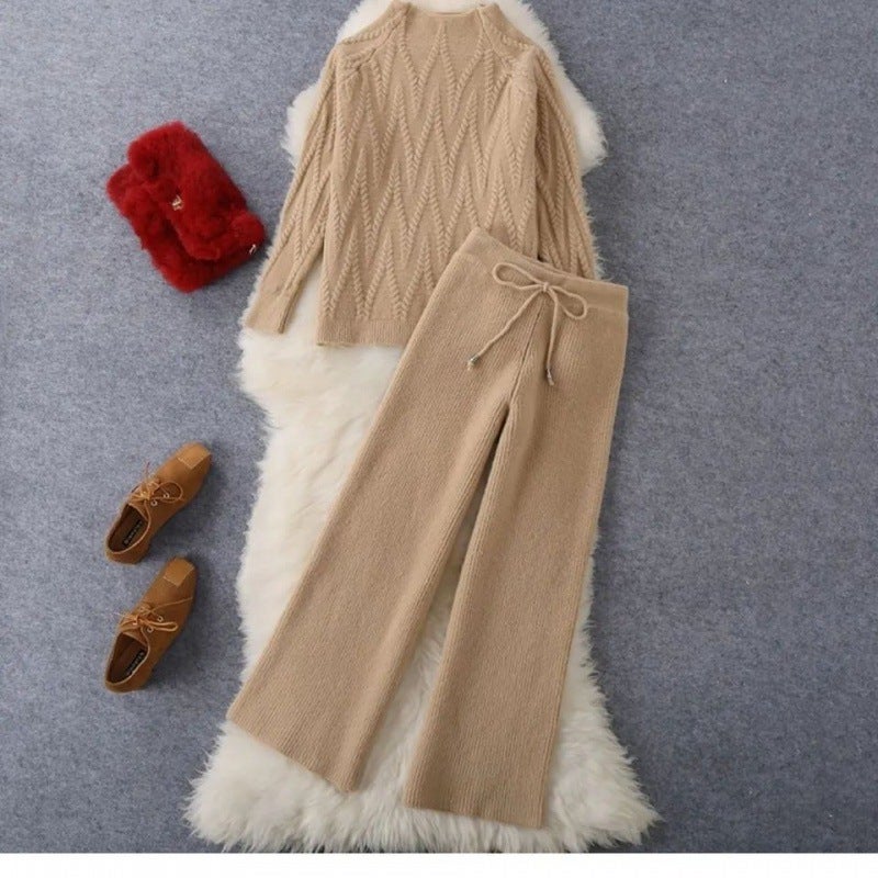 Thickened Knitted Sweater High Waist Wide Leg Pants Autumn Winter Two-Piece Set Fashionable Korean Loose Womens Outfit Khaki - Image 1