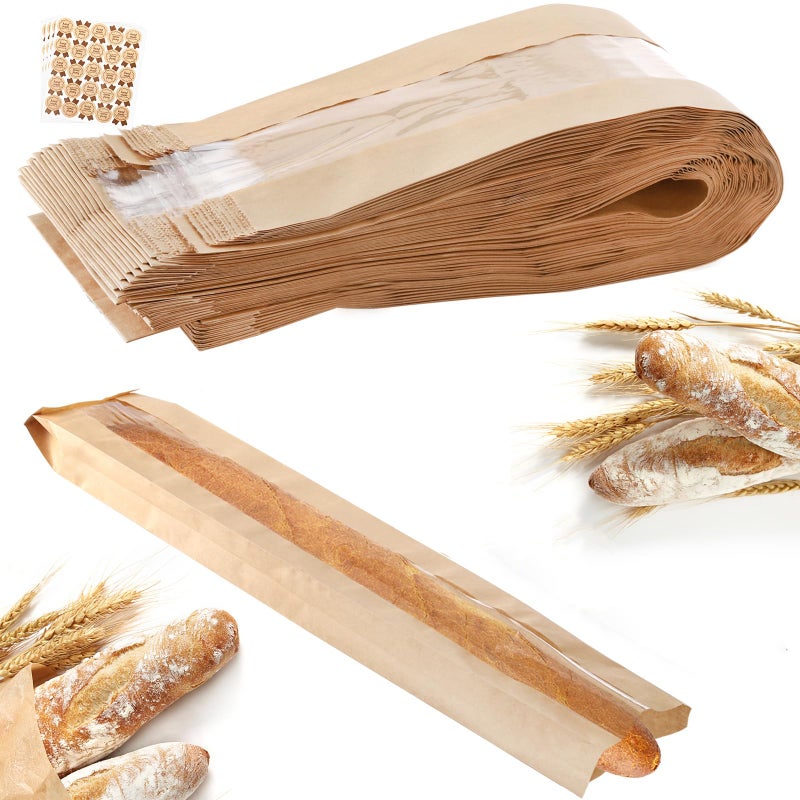 ZENFUN 100 Pack Baguette Kraft Bags with Clear Front Window and 100 Seal stickers Fresh Breads Loaf Packing Bags 23x4x16 Long Bread Kraft Paper Bakery Storage Bag