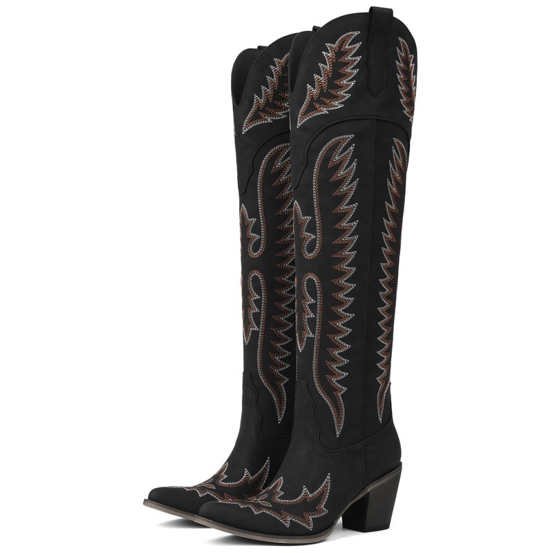 CELNEPHO Cowboy Boots For Women Over The Knee Western Boots With Classic Embroidered Chunky Heel Slip On Zipper Square Toe Fashion Cowgirl Thigh High Boots For Women - Image 1