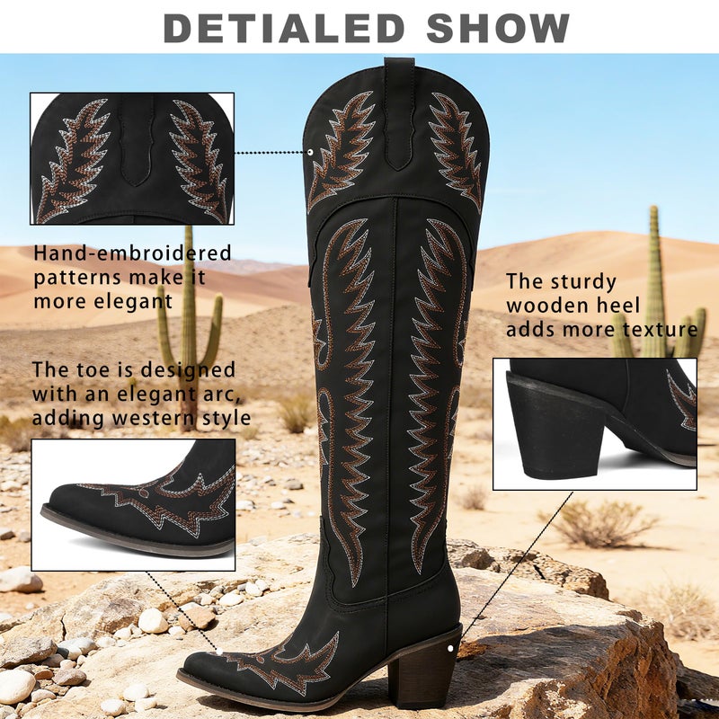 CELNEPHO Cowboy Boots For Women Over The Knee Western Boots With Classic Embroidered Chunky Heel Slip On Zipper Square Toe Fashion Cowgirl Thigh High Boots For Women - Image 4