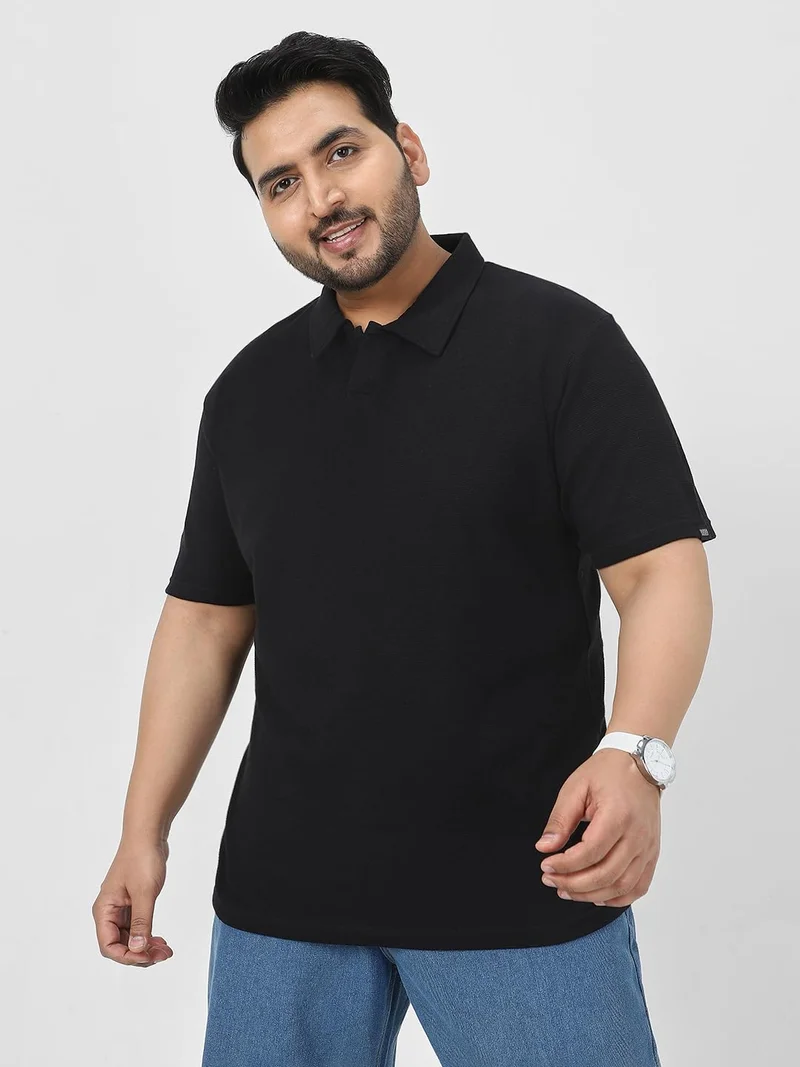 Urbano Plus Men's Black Textured Regular Fit Half Sleeve Cotton Polo T-Shirt