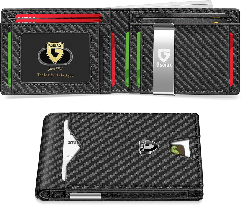 GSOIAX Mens Slim Wallet for Men Minimalist Genuine Leather Carbon Fiber Rfid Blocking Bifold Credit Card Holder With Gift Box, Carbon-money clip, Slim - Image 1
