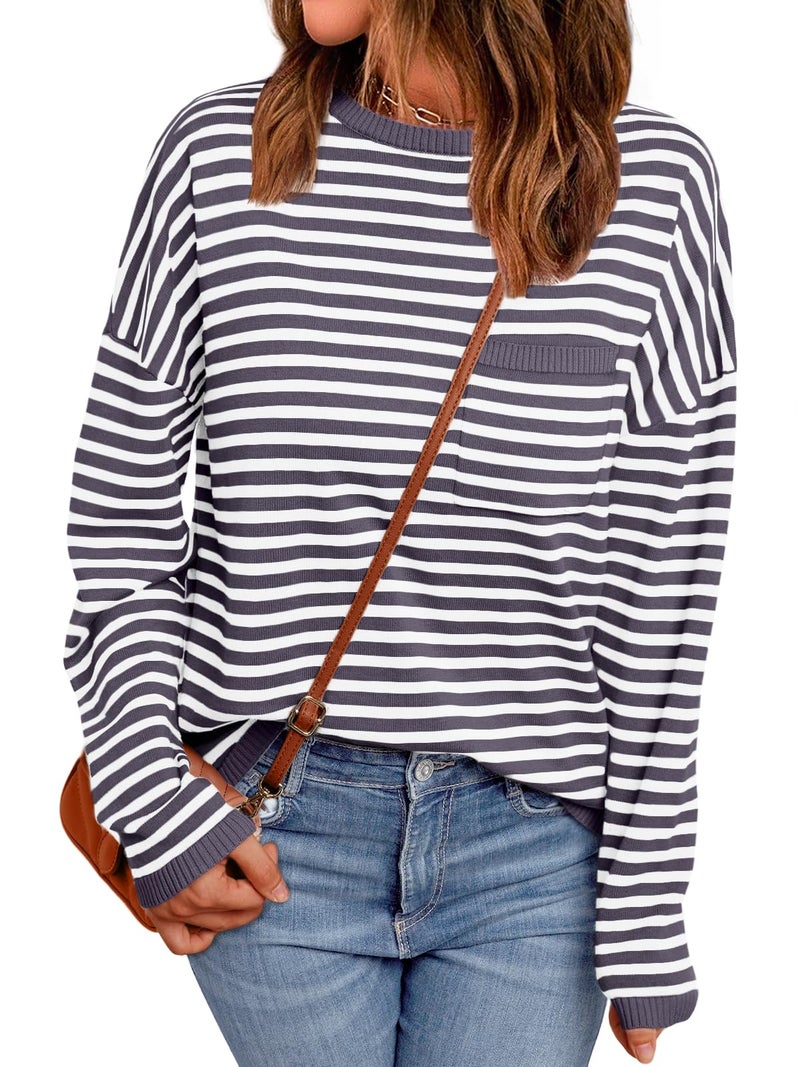 LILLUSORY Womens Sweaters 2025 Early Fall Fashion Must Have Clothes Outfits Striped Lightweight Oversized Ladies Cute Teacher Work Office Pullover Crewneck Long Sleeve Trendy Old Money Tops Clothing - Image 1