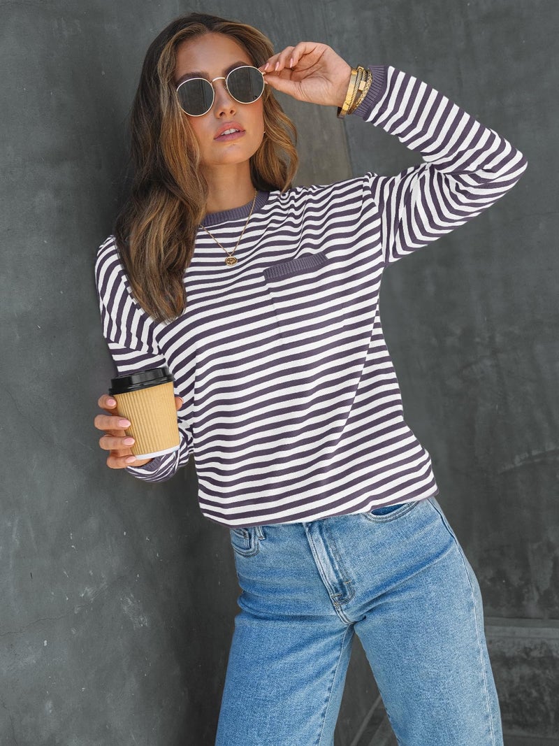 LILLUSORY Womens Sweaters 2025 Early Fall Fashion Must Have Clothes Outfits Striped Lightweight Oversized Ladies Cute Teacher Work Office Pullover Crewneck Long Sleeve Trendy Old Money Tops Clothing - Image 2