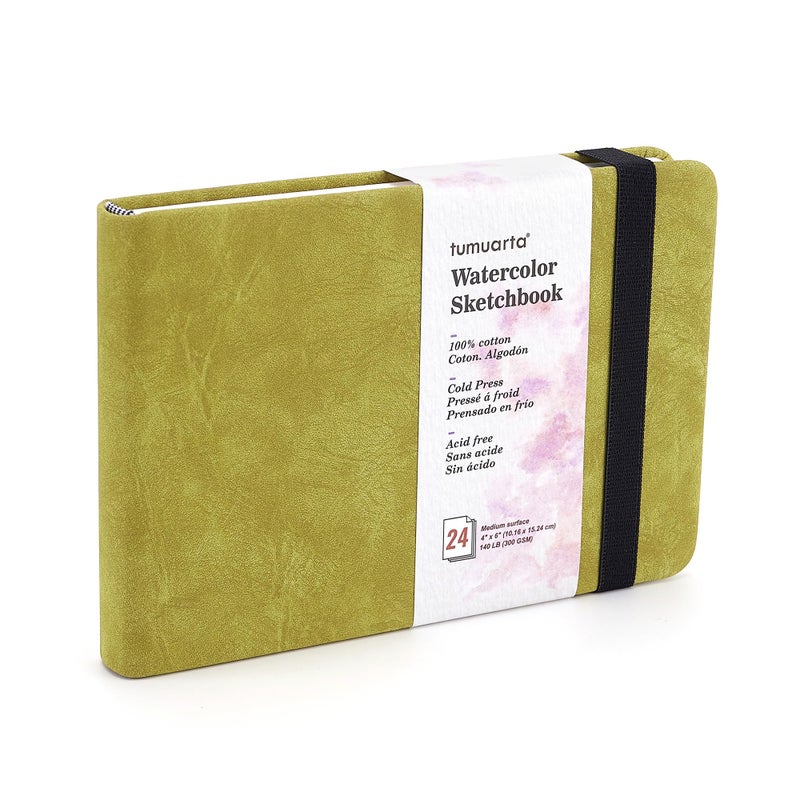 tumuarta Watercolor Sketchbook, 140 LB, 300 GSM, 100% Cotton Paper, Cold Press, 24 Sheets, 48 Pages, Watercolor Journal for Use As Travel Notebook and Mixed Media Pad On The Go (Green, 4x6) - Image 1