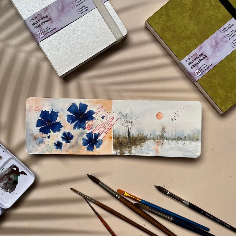 tumuarta Watercolor Sketchbook, 140 LB, 300 GSM, 100% Cotton Paper, Cold Press, 24 Sheets, 48 Pages, Watercolor Journal for Use As Travel Notebook and Mixed Media Pad On The Go (Green, 4x6) - Image 3