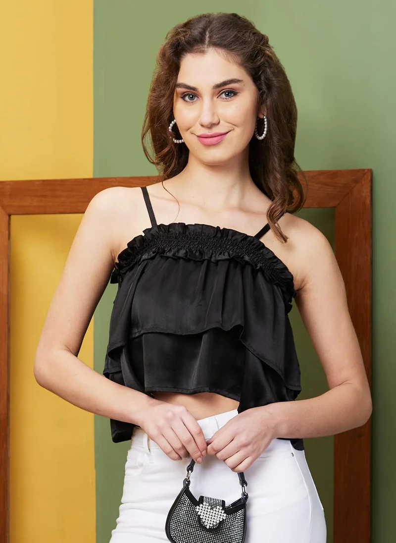 globus Globus Women Black Textured Shoulder Straps Party Crop Top