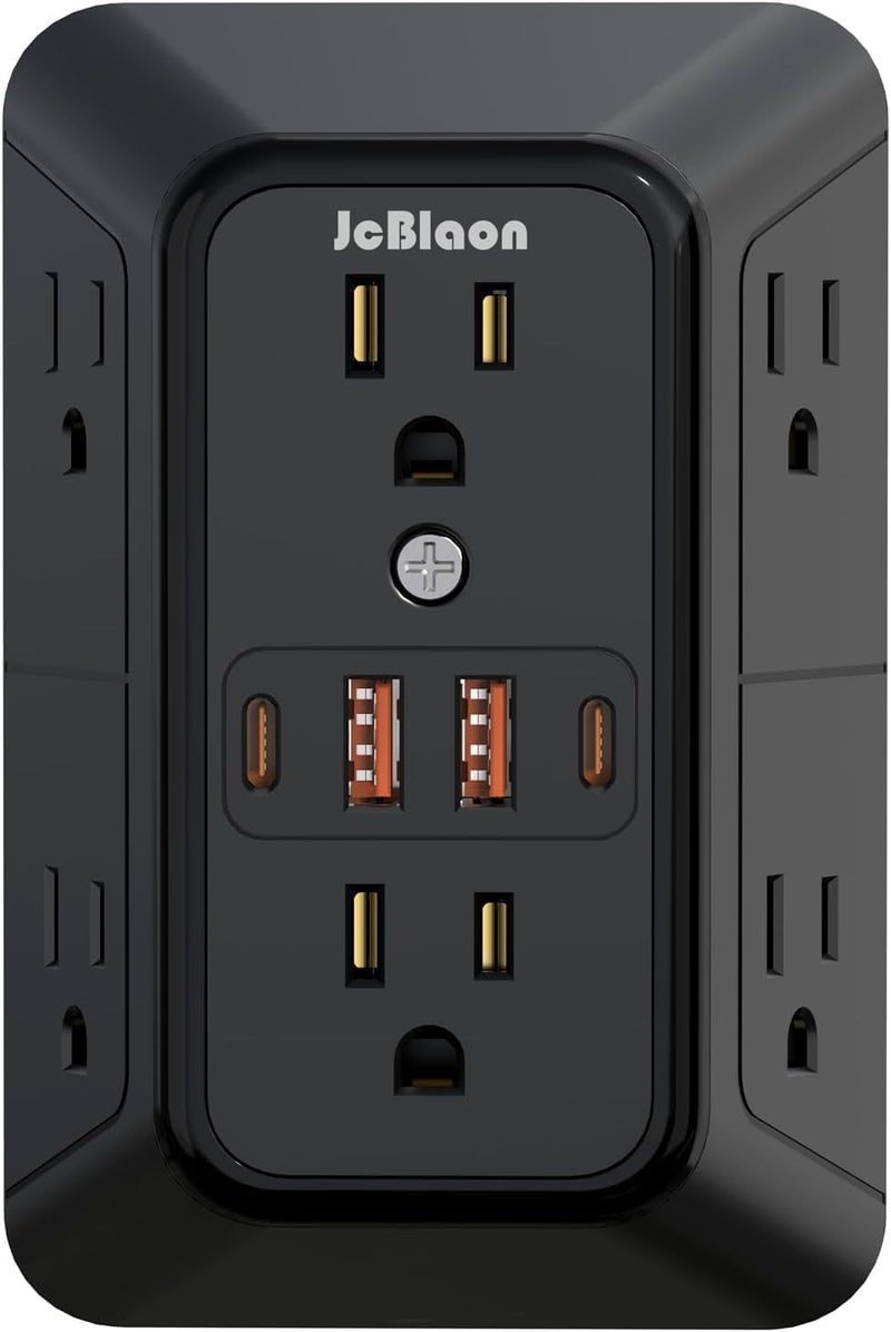 جهاز تمدي�� المقابس مع حماية من الصدمات الكهربائية - مقسم لـ 6 مقابس ويحتوي على 4 منافذ USB (2 من نوع USB-C)، شاحن حائطي متعدد المقابس، وشريط طاقة متعدد المقابس ذو ثلاثة أوجه للاستخدام في المنزل، المكتب، المطبخ أو أثناء السفر. - Image 1