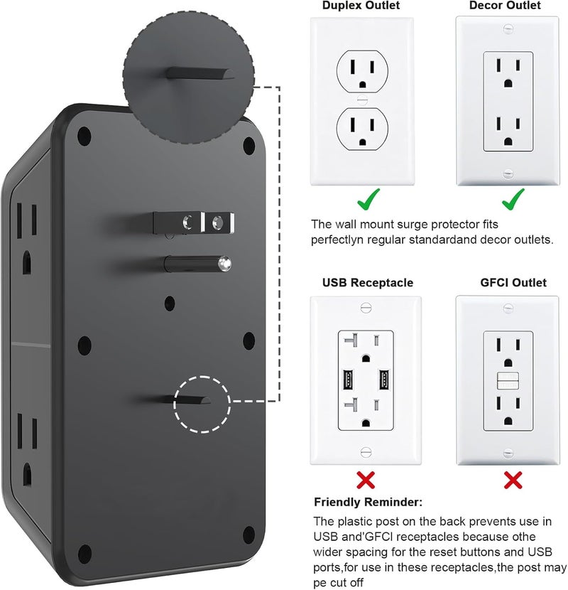 جهاز تمدي�� المقابس مع حماية من الصدمات الكهربائية - مقسم لـ 6 مقابس ويحتوي على 4 منافذ USB (2 من نوع USB-C)، شاحن حائطي متعدد المقابس، وشريط طاقة متعدد المقابس ذو ثلاثة أوجه للاستخدام في المنزل، المكتب، المطبخ أو أثناء السفر. - Image 5