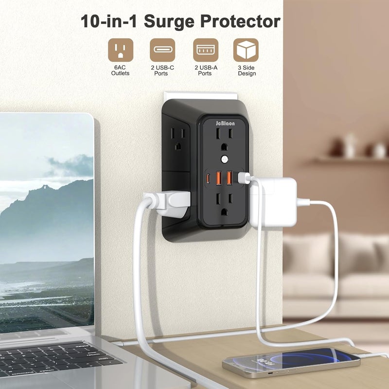 جهاز تمدي�� المقابس مع حماية من الصدمات الكهربائية - مقسم لـ 6 مقابس ويحتوي على 4 منافذ USB (2 من نوع USB-C)، شاحن حائطي متعدد المقابس، وشريط طاقة متعدد المقابس ذو ثلاثة أوجه للاستخدام في المنزل، المكتب، المطبخ أو أثناء السفر. - Image 2