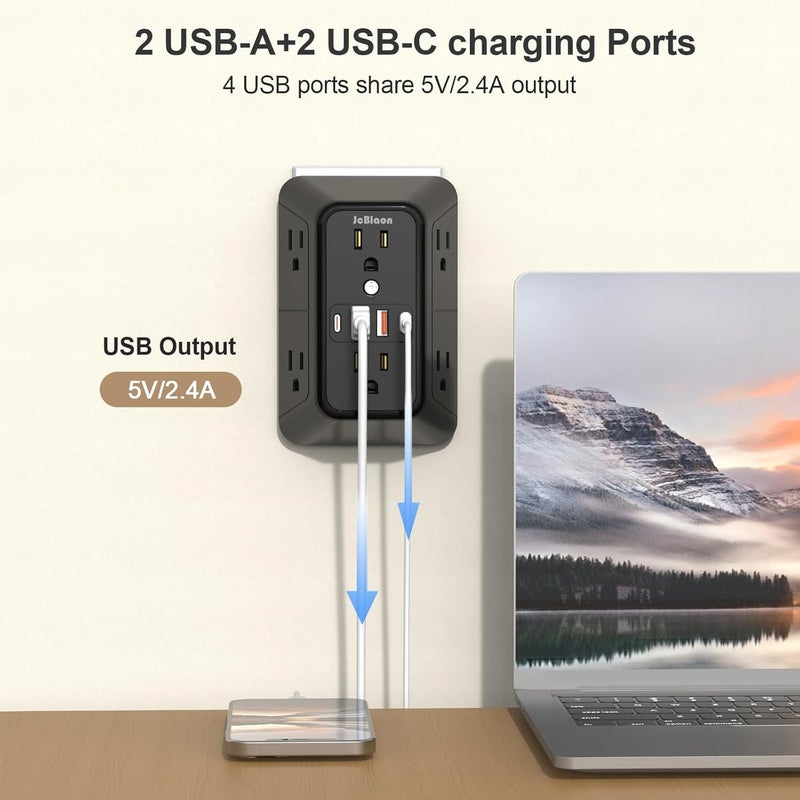 جهاز تمدي�� المقابس مع حماية من الصدمات الكهربائية - مقسم لـ 6 مقابس ويحتوي على 4 منافذ USB (2 من نوع USB-C)، شاحن حائطي متعدد المقابس، وشريط طاقة متعدد المقابس ذو ثلاثة أوجه للاستخدام في المنزل، المكتب، المطبخ أو أثناء السفر. - Image 4