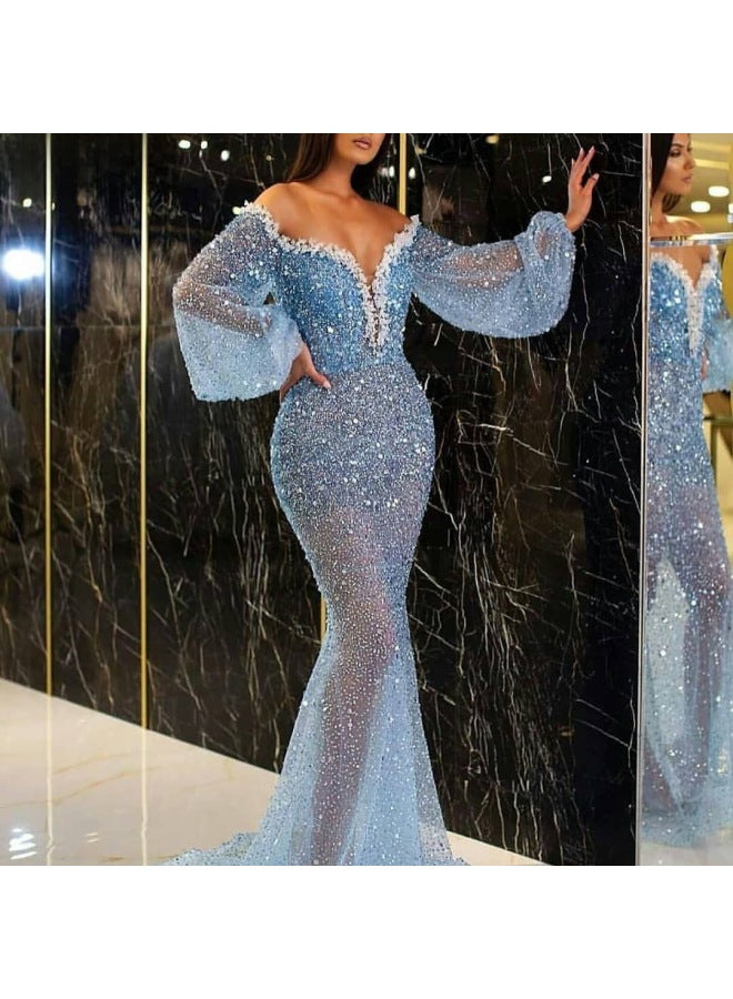 Spring And Summer New European And American Women's Casual Dress Temperament Sprinkling Gold V-neck Perspective Fishtail Evening Dress
