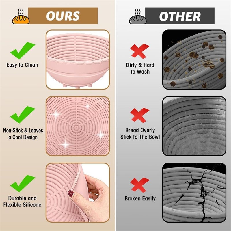 سلال تخمير الخبز، بانيتون سيليكون قابل للطي، مستلزمات خبز الخبز الحامض، مجموعة وعاء تخمير قابلة للطي 2 حزمة (وردي + أخضر) - Image 5