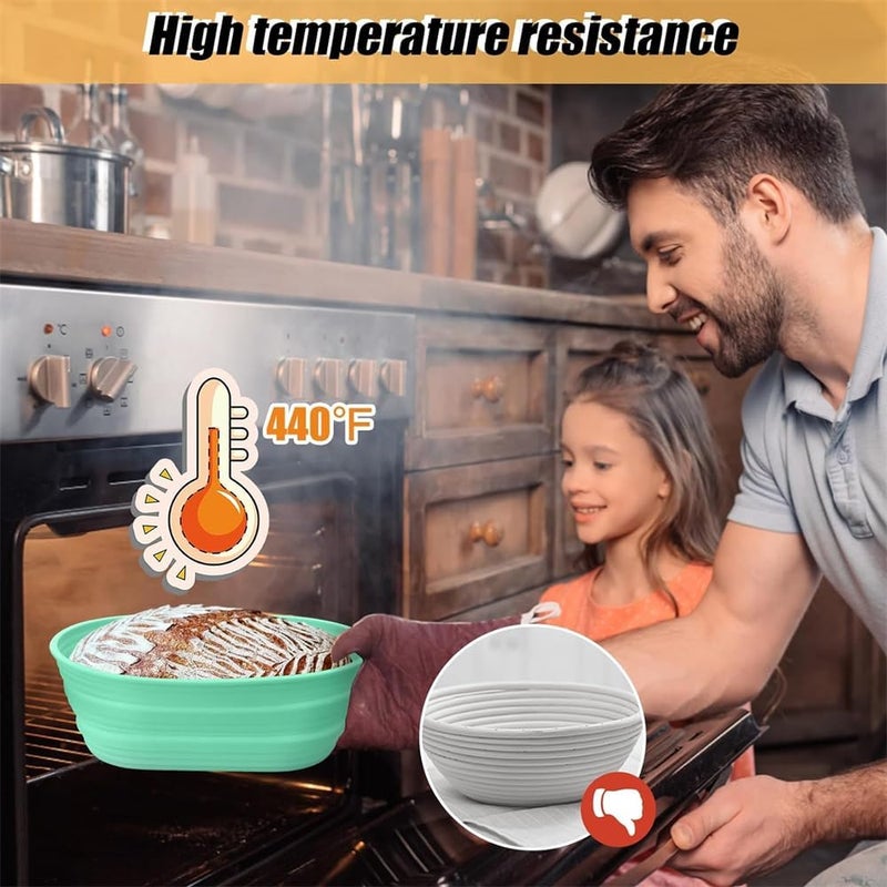 سلال تخمير الخبز، بانيتون سيليكون قابل للطي، مستلزمات خبز الخبز الحامض، مجموعة وعاء تخمير قابلة للطي 2 حزمة (وردي + أخضر) - Image 3