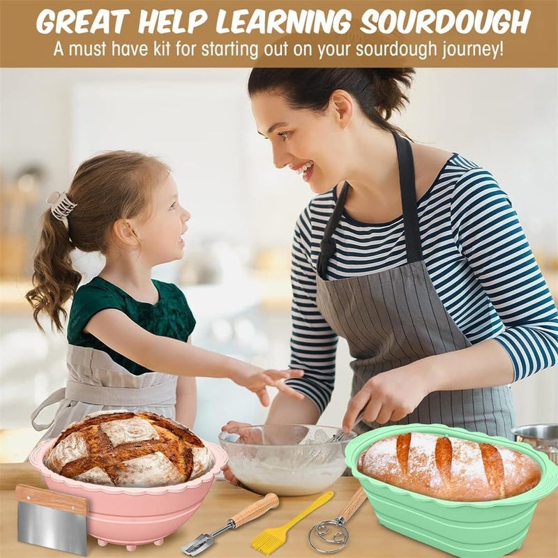 سلال تخمير الخبز، بانيتون سيليكون قابل للطي، مستلزمات خبز الخبز الحامض، مجموعة وعاء تخمير قابلة للطي 2 حزمة (وردي + أخضر) - Image 2